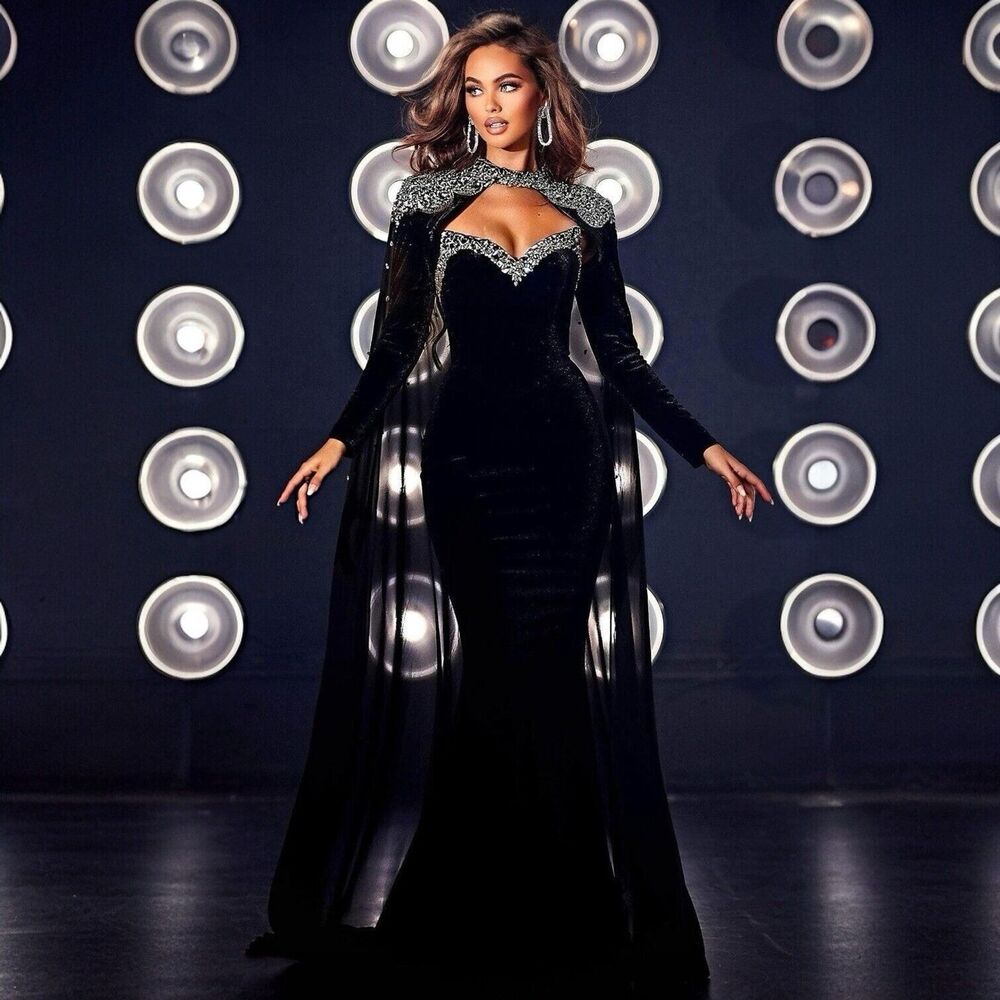 Portia and Scarlett Long Sleeve Gown with Cape PS23058 in Black Size 6